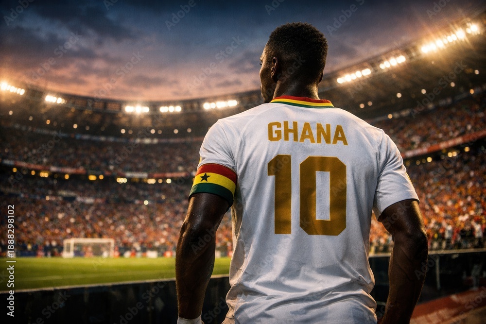 Fototapeta premium Ghana Soccer Player Number Ten Standing Under Stadium Lights