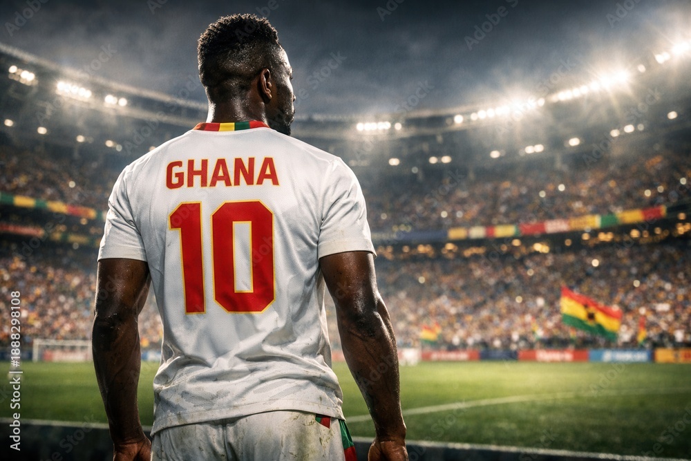 Fototapeta premium Ghana Soccer Player Number Ten Standing Under Stadium Lights