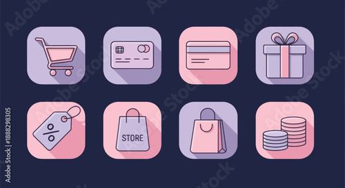 Shopping icons cart credit card gift tag bag coins vector illustration