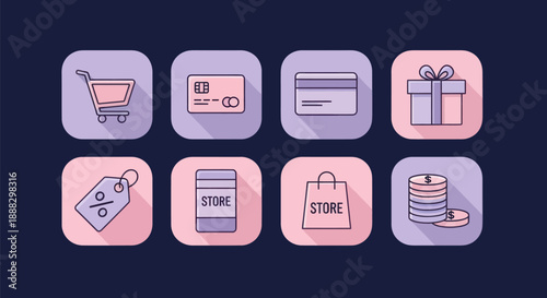 Shopping icons cart credit cards gift tag store bag and coins