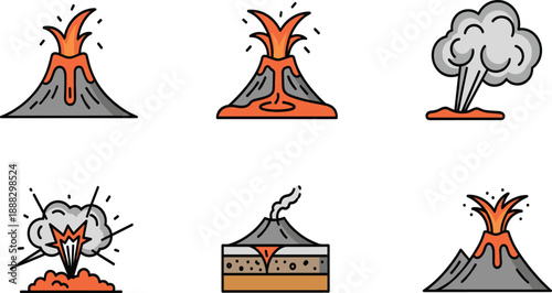 Volcano Eruption Icon Set with Lava and Smoke Flat Vector Illustration