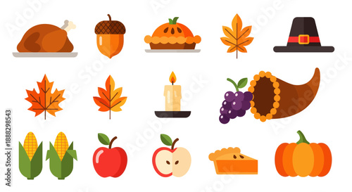 Thanksgiving feast icons roasted turkey pie cornucopia leaves and more