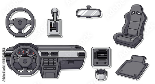 Collection of car interior components and parts