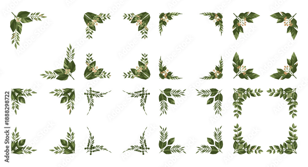 Fototapeta premium Set of green leafy floral corner decorations and borders