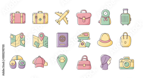 Travel icons suitcases airplane map passport and travel accessories