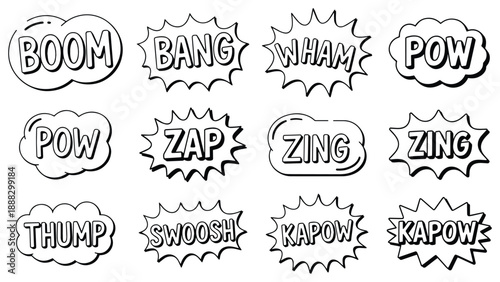 collection of hand-drawn comic book-style sound effect words, Black and white comic book speech bubbles displaying various onomatopoeic words like boom bang and pow