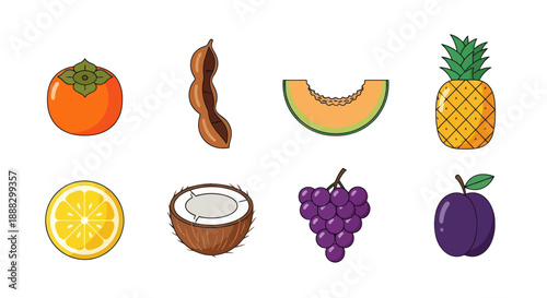 Variety of fresh fruits collection in cartoon style on white background