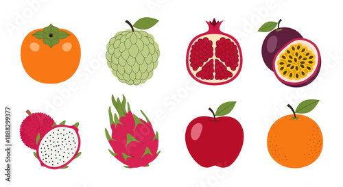 Variety of fresh fruits persimmon custard apple pomegranate passion fruit