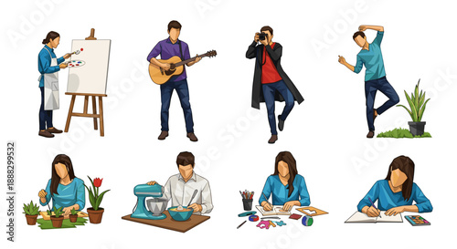 Collection of people engaged in various hobbies and creative activities