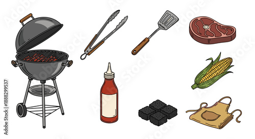 Barbecue grill tools and food items illustration