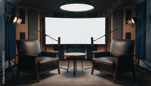 Professional Interview Studio Setup with Two Leather Chairs and Blank Screen