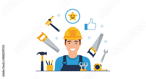 Happy construction worker with a hard hat, surrounded by various tools like saws, hammer, wrench, and tape measure, with a star and thumbs up icon, signifyin...