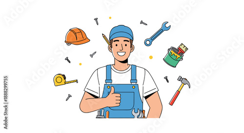 Smiling handyman wearing overalls and a hard hat, giving a thumbs up, surrounded by tools like a wrench, hammer, tape measure, and paint can, representing sk...