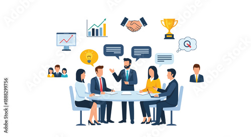 Business team in a meeting, analyzing charts and graphs, shaking hands, and celebrating with a trophy, representing teamwork, success, and achievement in cor...