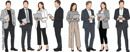 Diverse group of multicultural business people and office professionals standing with laptops and tablets including person in wheelchair and woman in hijab for inclusive workplace.