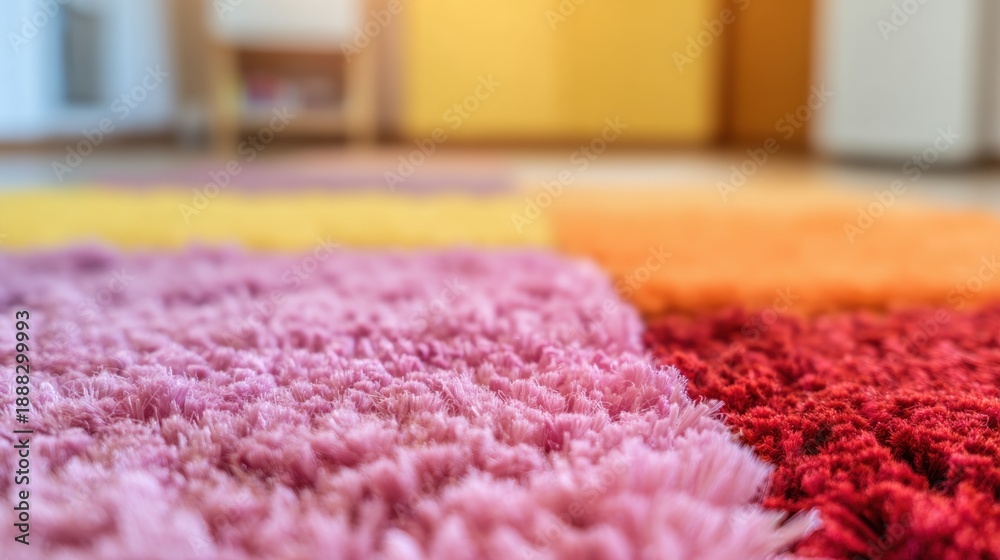 Fototapeta premium Colorful rug in a room with wooden floor and yellow wall in daytime