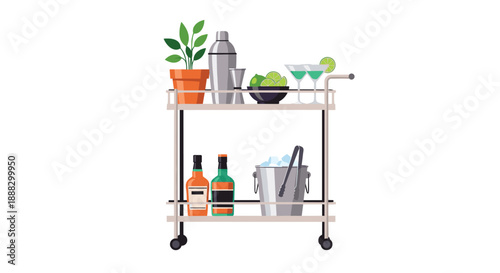 Silver bar cart laden with cocktail essentials: shaker, ice bucket, bottles, limes, and glasses, alongside a potted plant, ideal for a home bar setup and cre...