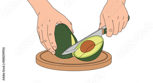 Close-up shot of hands slicing a ripe avocado in half on a wooden cutting board with a sharp knife, showcasing the vibrant green flesh and large pit, perfect...