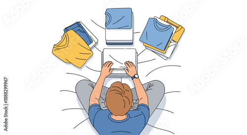 Top-down view of a person sitting cross-legged with a laptop, surrounded by neatly folded clothes in different colors, symbolizing organization and online sh...
