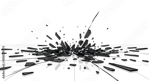 Abstract 3D illustration depicting a shattering or exploding surface, with dark fragments scattering outwards against a clean white background, conveying des...