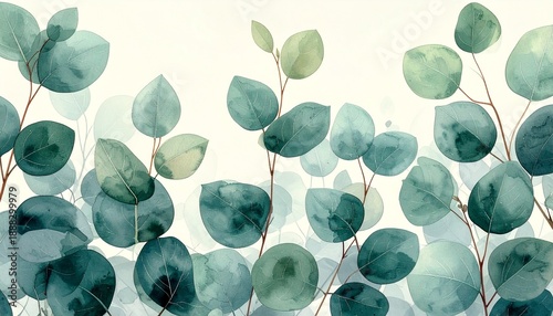 Watercolor painting of eucalyptus leaves in shades of green and blue.
