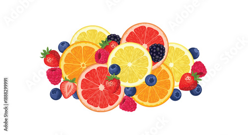 A vibrant, artful arrangement of various sliced citrus fruits and berries, including oranges, grapefruits, lemons, strawberries, blueberries, and blackberrie...