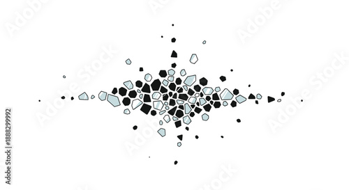 Abstract representation of a starburst or explosion, composed of numerous small, dark and light grey polygonal shapes radiating from a central point on a whi...