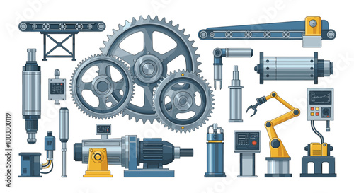 Industrial machinery components and automation elements, including gears, conveyor belts, robotic arm, and cylinders, representing manufacturing and technology.