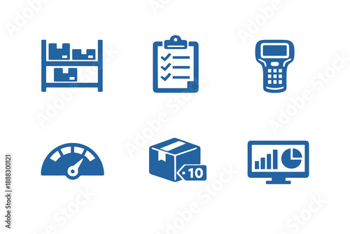 Monochromatic stock control icons illustrating inventory tracking and supply visibility. Clean flat vector symbols ideal for logistics software, analytics tools, and UI design.