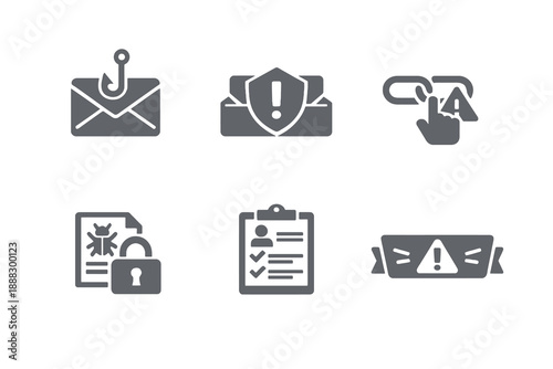 Monochromatic phishing prevention icons illustrating email threats and cyber awareness. Clean flat vector symbols ideal for IT tools, compliance training, and UI design.