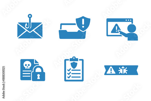 Cybersecurity awareness icon set showing phishing prevention and user security training. Monochrome vector icons for security dashboards, training platforms, and web interfaces.