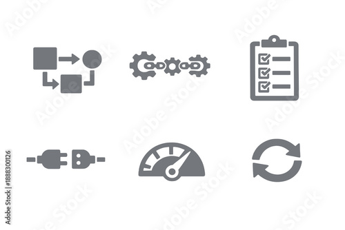 Monochromatic process automation icons illustrating task automation and operational efficiency. Clean flat vector symbols ideal for automation software, analytics tools, and UI design.