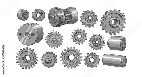 A diverse array of mechanical components and gears, including bearings, sprockets, and shafts, showcasing precision engineering and industrial parts.