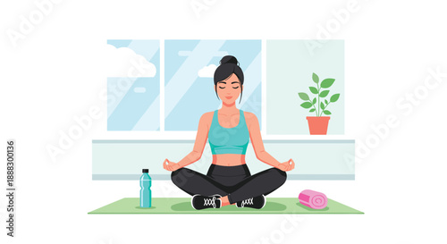 A woman meditating on a yoga mat in a serene room, with a water bottle and towel nearby, embodying peace, mindfulness, and a healthy lifestyle.