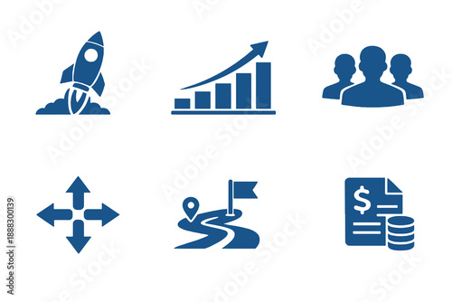 Monochromatic scaling icons illustrating startup expansion and growth planning. Clean flat vector symbols ideal for SaaS platforms, analytics tools, and web interfaces.