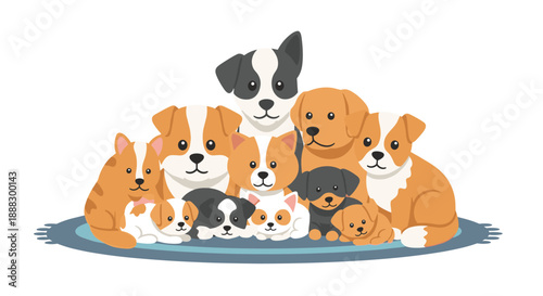 A heartwarming group of puppies and dogs of various breeds huddled together on a rug, conveying joy, companionship, and cuteness.