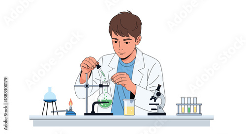 Young scientist in lab coat concentrating on experiment, using dropper to add fluid to flask on burner, surrounded by scientific tools and equipment.