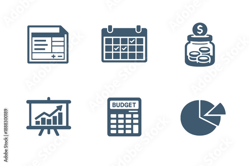 Financial planning icon set showing budget control, expense tracking, and savings management. Monochrome vector icons for finance apps, dashboards, and business tools.