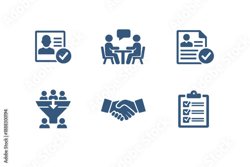 Recruitment icon set showing hiring workflow, job selection, and onboarding process. Monochrome vector icons for HR software, dashboards, and corporate web platforms.