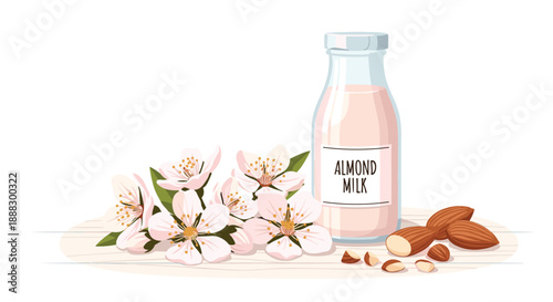 Bottle of almond milk with light pink hue, accompanied by almonds and soft pink blossoms on a wooden surface, evoking a gentle, natural, and healthy drink.