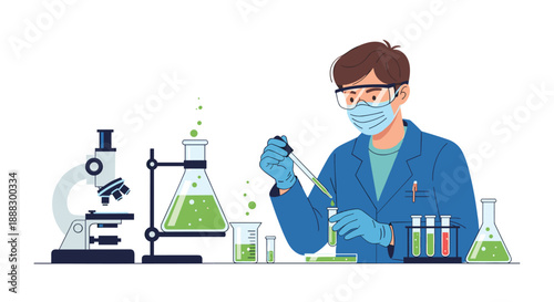 Researcher in protective gear conducting experiments with a microscope, flasks, and test tubes filled with green liquid, representing scientific research and...