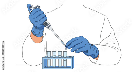 Scientist in blue gloves using a pipette to add liquid to test tubes in a rack, depicting laboratory work, research, and scientific experimentation.