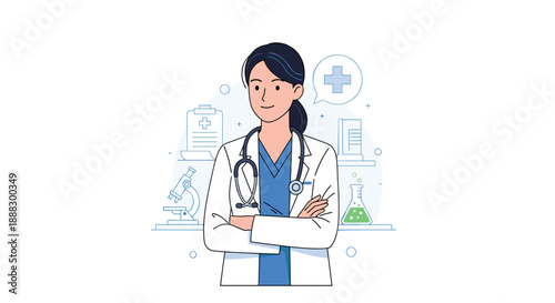 A friendly female doctor with a stethoscope around her neck stands confidently with her arms crossed, symbolizing healthcare, medicine, and medical expertise...