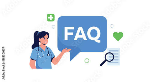 A female nurse beside a blue speech bubble with 'FAQ' inside, surrounded by medical symbols, signifies frequently asked questions, patient information, and a...