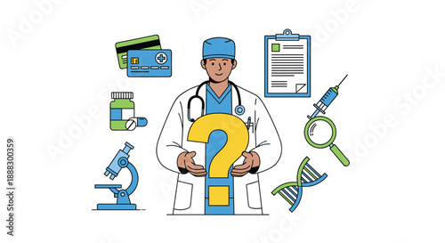A doctor surrounded by medical research elements like DNA, microscope, syringe, and pills, holds a large yellow question mark, representing complex medical q...