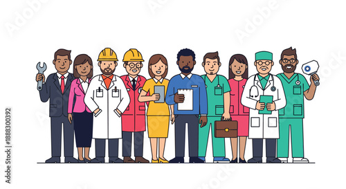 Diverse group of professionals in various industries including construction, healthcare, and business, representing different careers and teamwork.