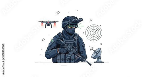 Special forces soldier with rifle, night vision, drone, and satellite dish, illustrating modern warfare, surveillance, and advanced technology.