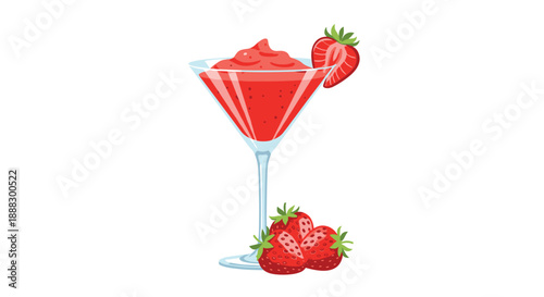 Refreshing strawberry smoothie in a martini glass, garnished with a fresh strawberry slice, with whole strawberries at the base, perfect for summer refreshme...