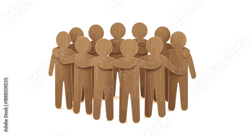 Wooden figures of people standing together in a close-knit group, arms around each other, symbolizing community, solidarity, and a strong sense of belonging.