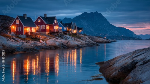 City in Greenland with houses at night
